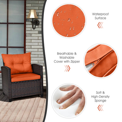 3 PCS Patio Rattan Furniture Set Cushioned Conversation Set  Orange