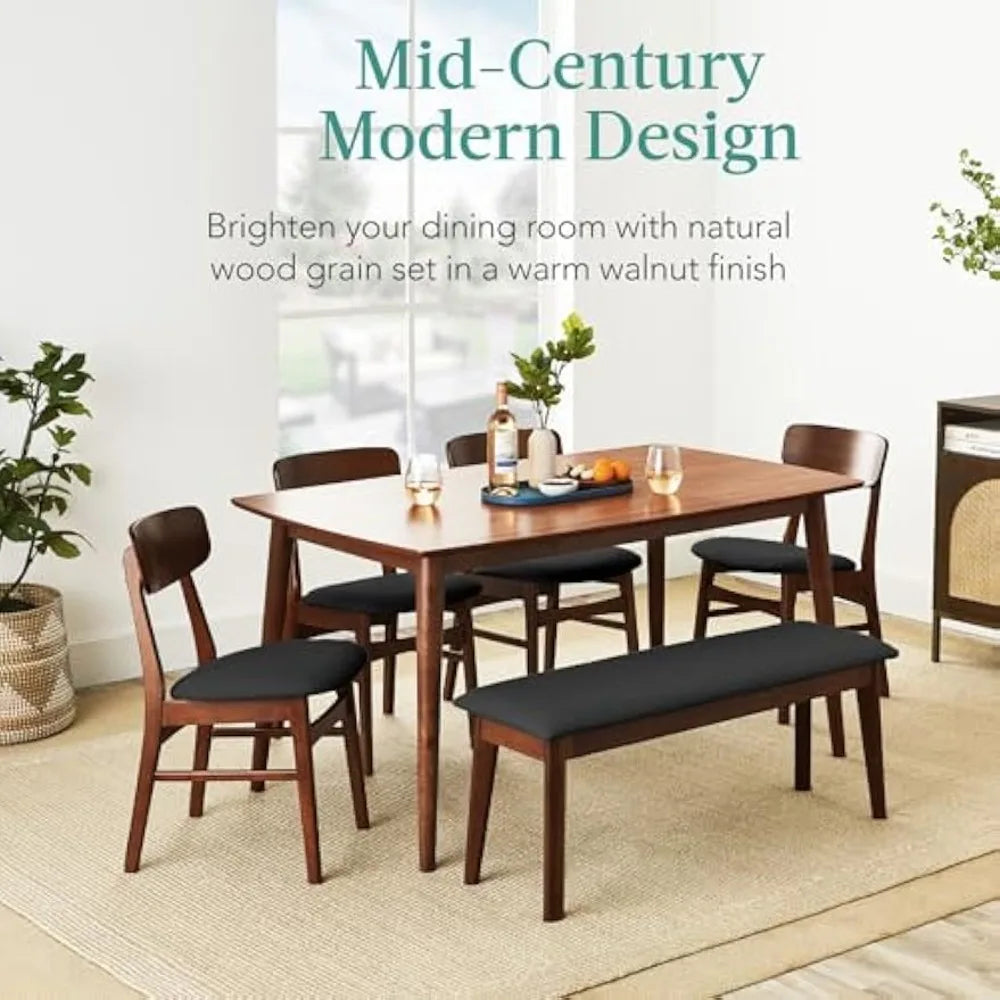 6-piece wooden dining set, mid-century modern table & upholstered chair set w/bench seat, rubberwood legs - walnut/charcoal