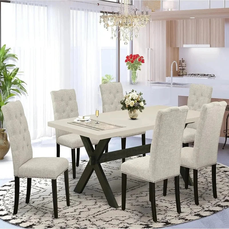 7-Piece Dining Set - Rectangular Dining Table with 6 Stylish Parson Chairs Featuring Linen Fabric Seats and Backs