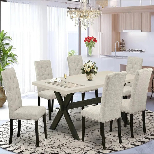 7-Piece Dining Set - Rectangular Dining Table with 6 Stylish Parson Chairs Featuring Linen Fabric Seats and Backs