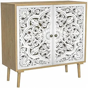 Accent Cabinet with 2 Doors, Carved Decorative Sideboard with Adjustable Shelf, Free-Standing Wood  Cabinet for