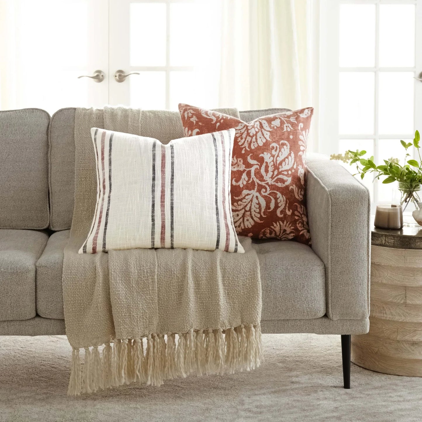 2-Pack Floral & Stripe Decor Throw Pillows, Terracotta & Yarn-Dyed Cushion Covers for Sofa Bed, Boho Home Accent Pillows