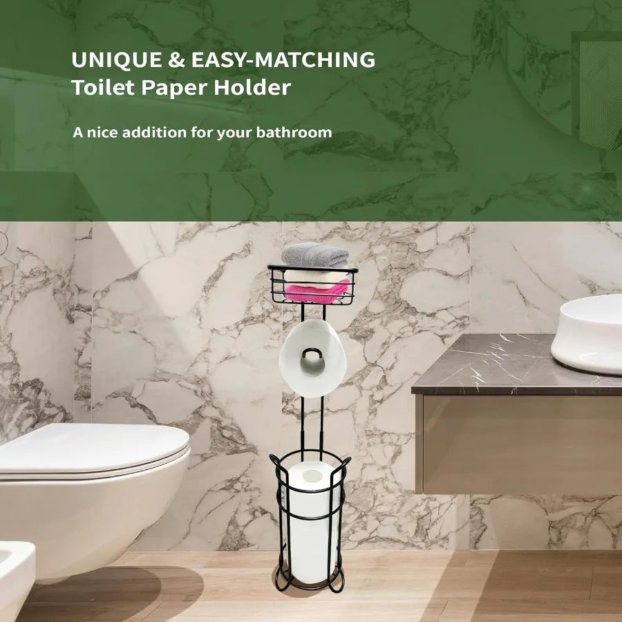 Free standing matte black toilet paper holder with integrated paper roll storage for bathroom organization compact design holds