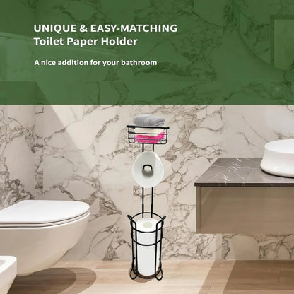 Free standing matte black toilet paper holder with integrated paper roll storage for bathroom organization compact design holds