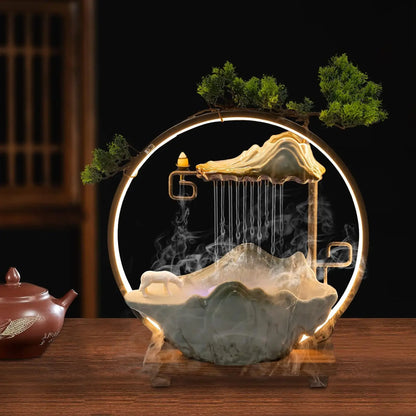 Tabletop Water Fountain (Indoor) - Round LED Light, Mist Maker & Incense Holder, Ceramic-Wood Material for Home/Office Decor