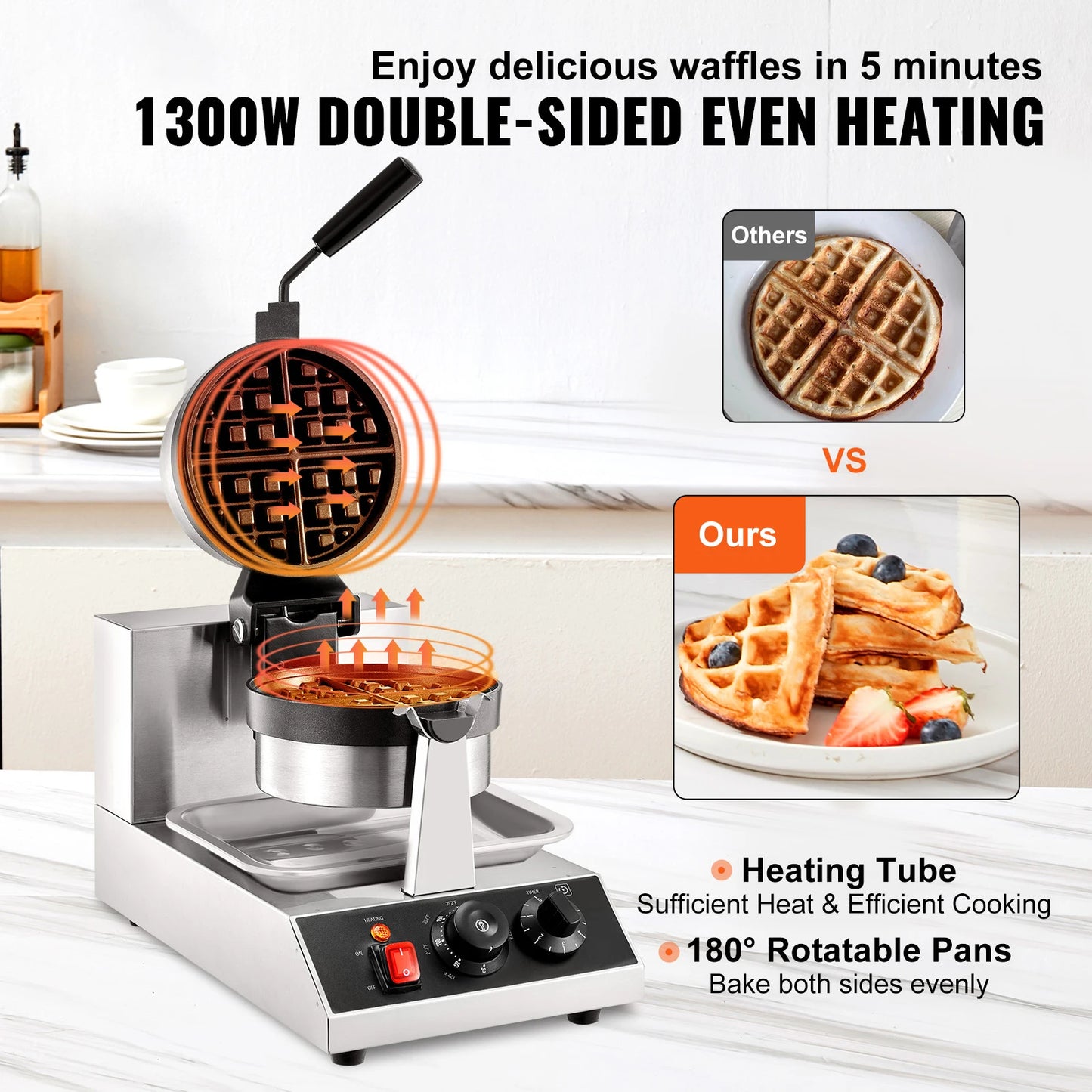 Electric Waffle Maker Stainless Steel Round Waffle Iron Non-Stick Waffle Baker Machine Teflon-Coated Baking Pans