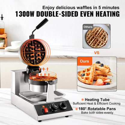 Electric Waffle Maker Stainless Steel Round Waffle Iron Non-Stick Waffle Baker Machine Teflon-Coated Baking Pans
