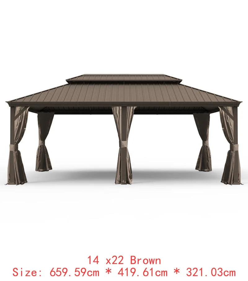 14x24 Hardtop Gazebo, Upgraded Metal Canopy with Drainage, Dual-Layer Galvanized Steel Roof, Includes Curtains & Netting,