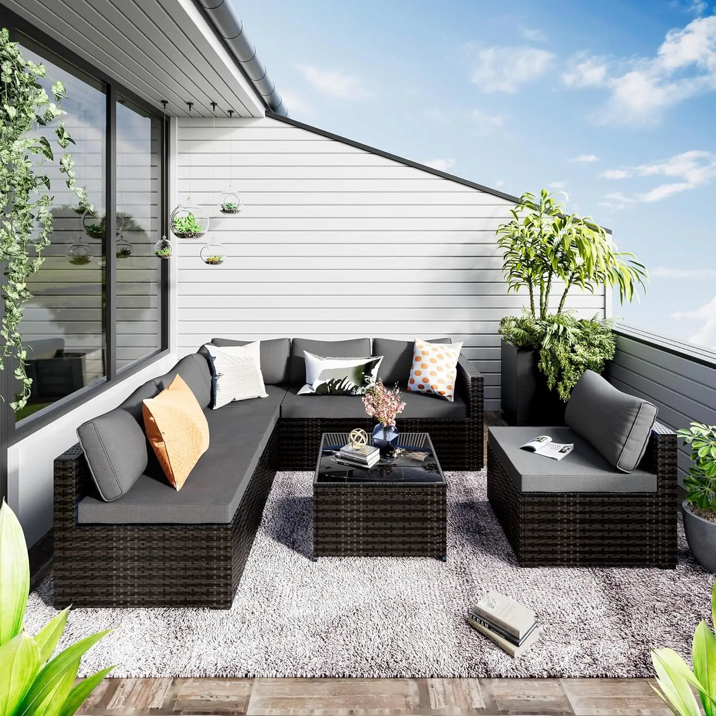 7 Pieces Patio Set, Wicker Conversation Sets with Cushion and Table, 7-Pieces Couch, Patio Furniture Set for Porch Poolside