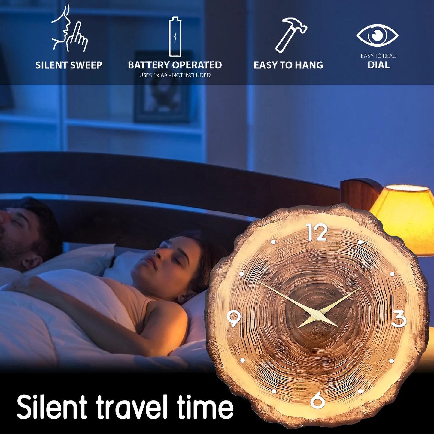 1pc wooden ring veneer wall clock, flat wood cross section texture pattern solid wood pointer design wall clock, silent clock