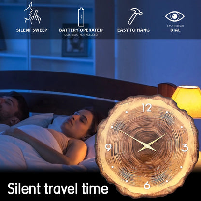 1pc wooden ring veneer wall clock, flat wood cross section texture pattern solid wood pointer design wall clock, silent clock