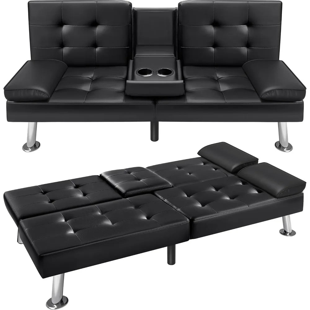Futon Sofa Bed Modern Faux Leather Couch Bed Convertible Folding Recliner for Living Room with 2 Cup Holders and Armrest
