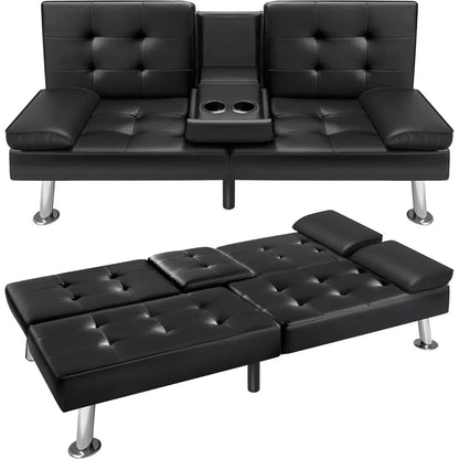 Futon Sofa Bed Modern Faux Leather Couch Bed Convertible Folding Recliner for Living Room with 2 Cup Holders and Armrest