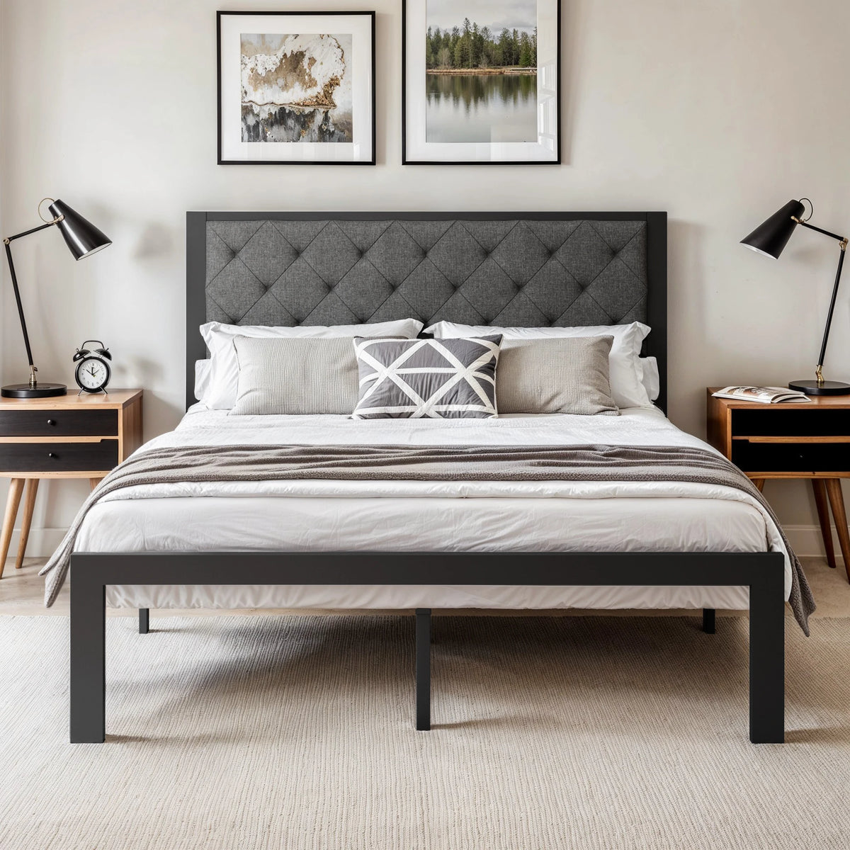 Metal Bed Frame with Upholstered Finely Stitched Headboard, , Sturdy Foundation, No Box Spring Needed