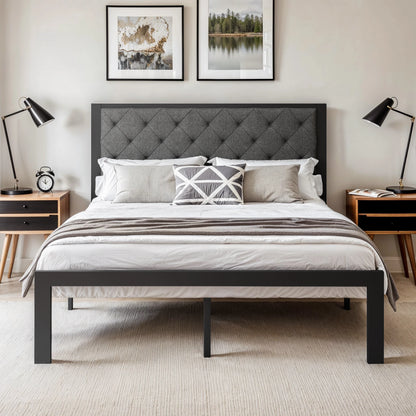 Metal Bed Frame with Upholstered Finely Stitched Headboard, , Sturdy Foundation, No Box Spring Needed