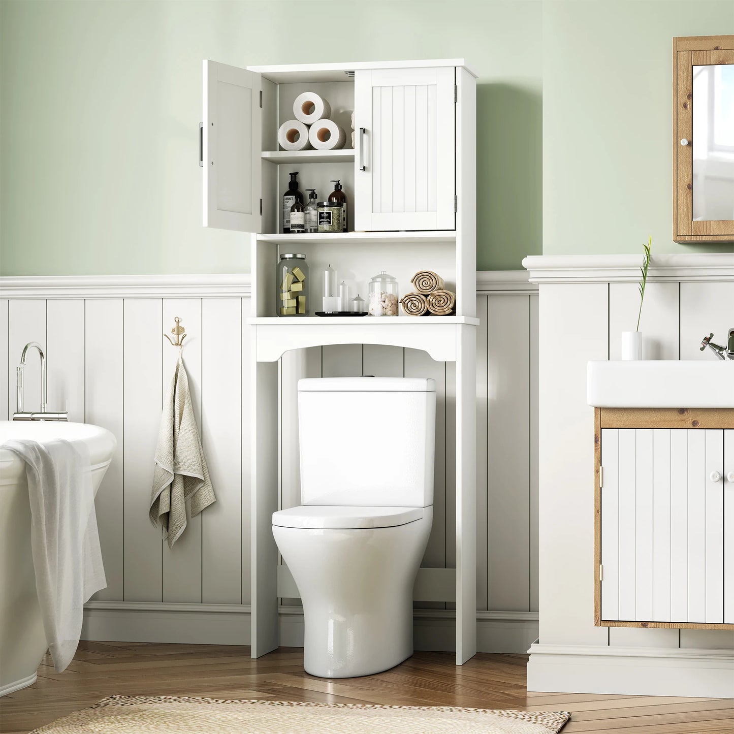Over The Toilet Storage Cabinet with Double Doors and Anti-Tip Device, Above Toilet Bathroom Organizer with Open Shelf