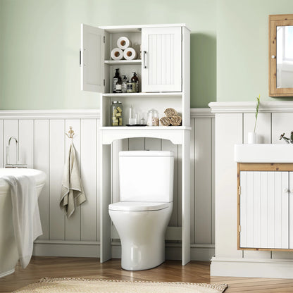 Over The Toilet Storage Cabinet with Double Doors and Anti-Tip Device, Above Toilet Bathroom Organizer with Open Shelf