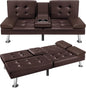 Futon Sofa Bed Modern Faux Leather Couch Bed Convertible Folding Recliner for Living Room with 2 Cup Holders and Armrest