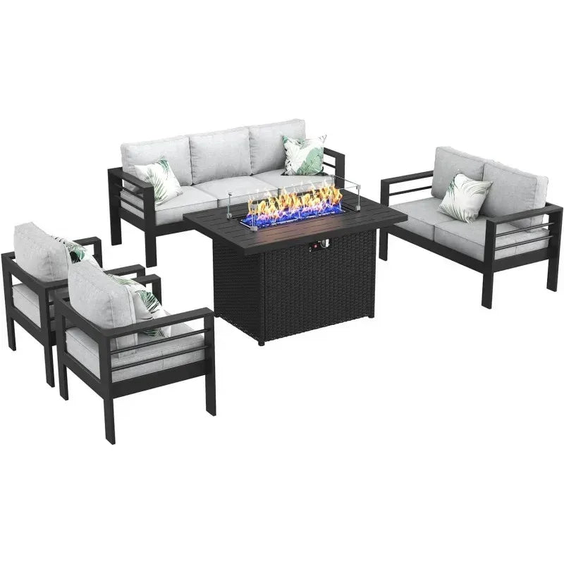 RPD4-QLayinSun Aluminum Furniture with Fire Pit Table. 5 Pieces Patio Sectional Conversation Chat Sofa Modern Seating Set
