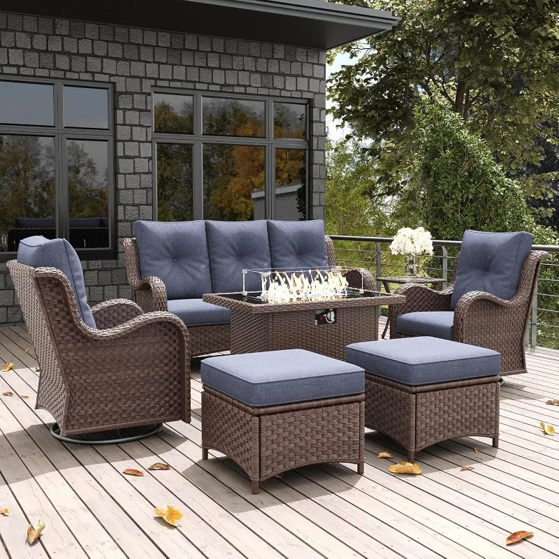 7 Pieces Outdoor Patio Furniture Set with Fire Pit Table, Rattan Wicker Sectional Swivel Rocker Chairs Sets with Ottoma