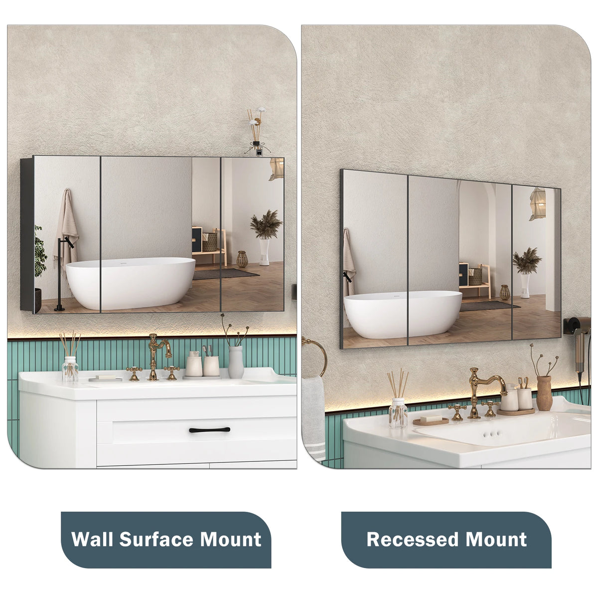 Large Wall Mounted Medicine Cabinet 3 Door Bathroom Mirror Storage Cabinet Modern Black Finish with Shelves
