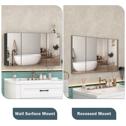 Large Wall Mounted Medicine Cabinet 3 Door Bathroom Mirror Storage Cabinet Modern Black Finish with Shelves
