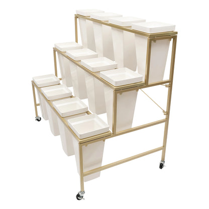 3 Layers White Flower Display Stand Heavy Duty Metal Plant Cart Shelf with 12 Buckets & Wheel for Home Patio Garden Florist
