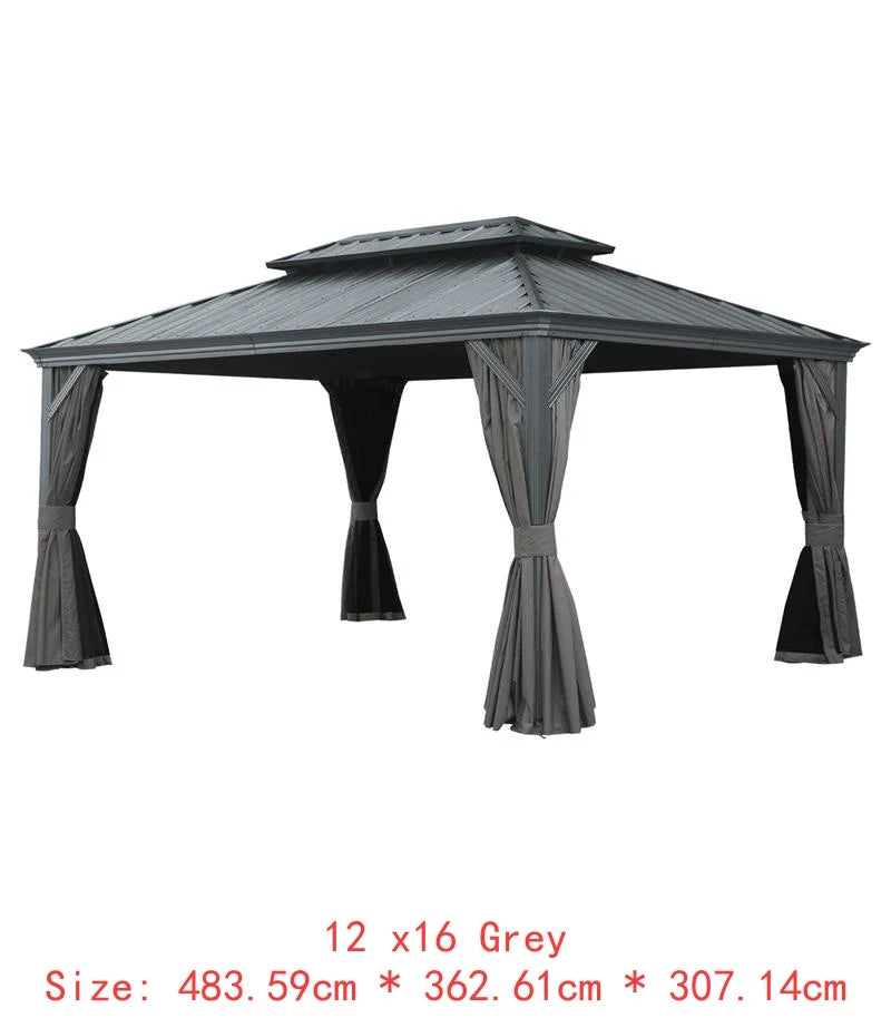 14x24 Hardtop Gazebo, Upgraded Metal Canopy with Drainage, Dual-Layer Galvanized Steel Roof, Includes Curtains & Netting,