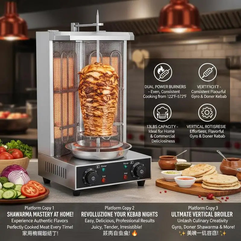 Vertical Broiler Gyro Rotisserie Oven 13lbs Capacity For Home Commercial Kitchen Party, 2 Burners 122℉-572℉ Temperature Control Meat Roaster Machine Doner Kebab Cooker