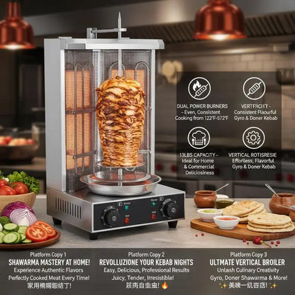Vertical Broiler Gyro Rotisserie Oven 13lbs Capacity For Home Commercial Kitchen Party, 2 Burners 122℉-572℉ Temperature Control Meat Roaster Machine Doner Kebab Cooker