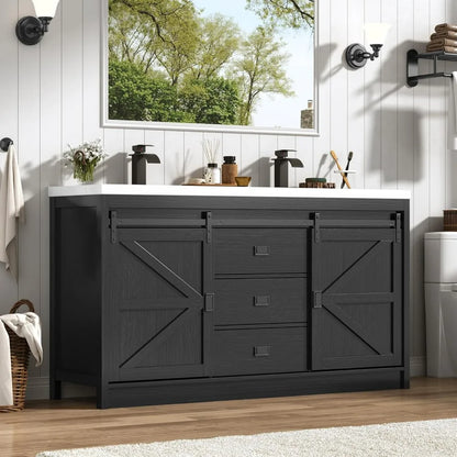 Double Bathroom Vanity with Sink & Faucet & Sewer Pipes,59" Farmhouse Bathroom Vanity Cabinet Set with 3 Storage Drawers &