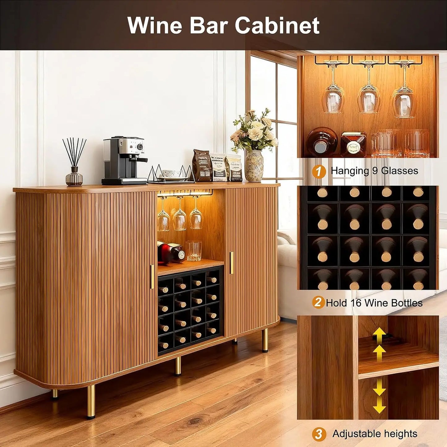 55-Inch Modern Wine Bar Cabinet with Storage, LED Lights, USB Ports & Adjustable Shelves for Living Room