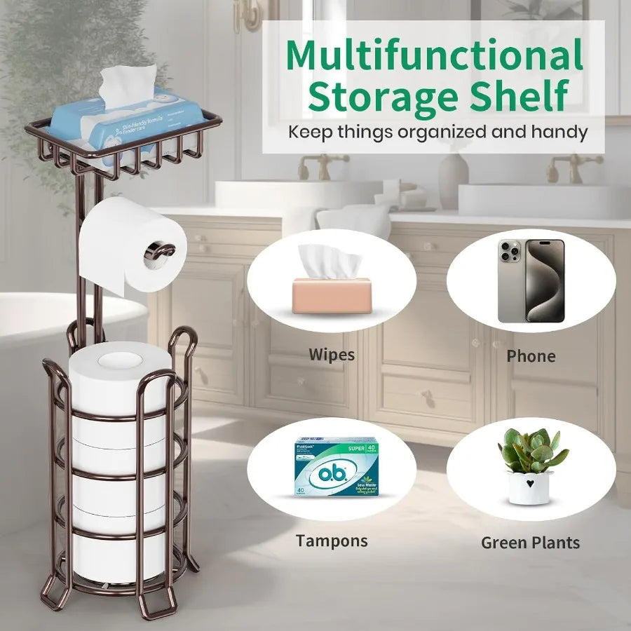 Upgraded metal freestanding toilet paper holder with 4 raised feet and integrated storage shelf for bathroom organization