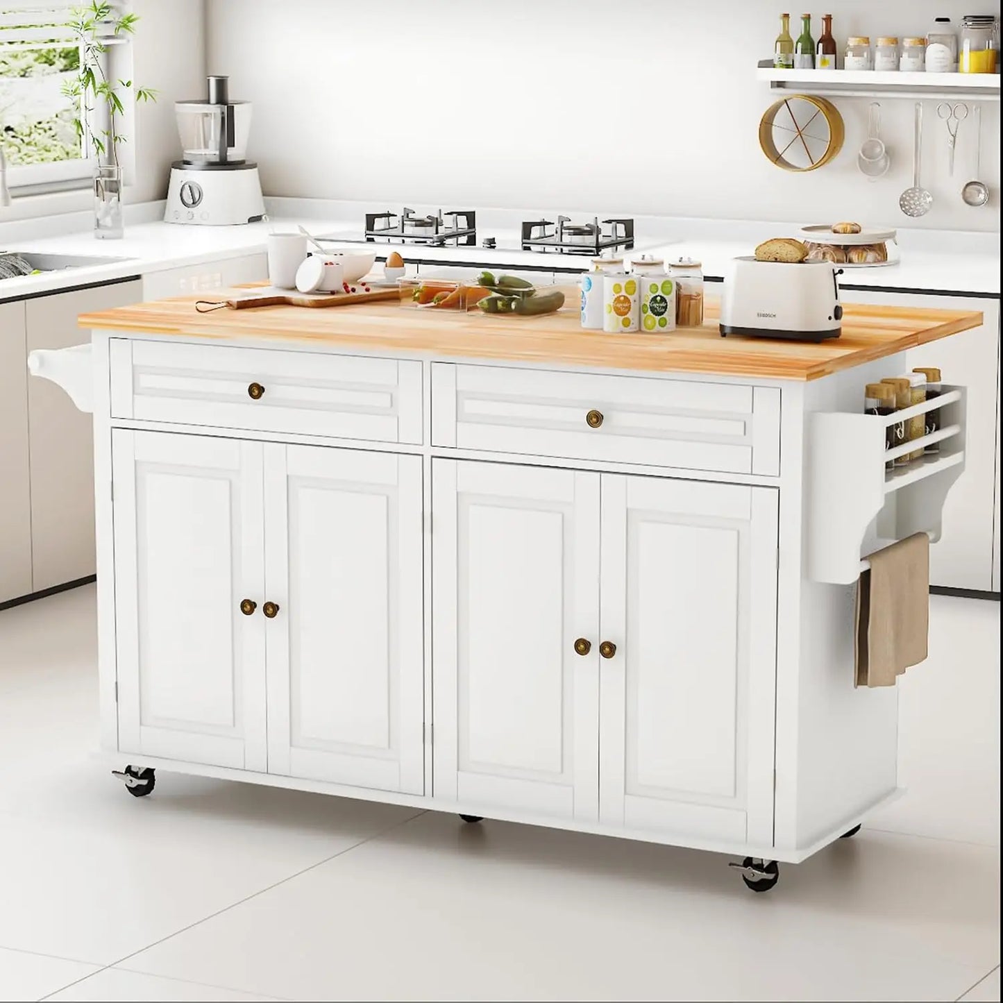 White Kitchen Island Cart with Wood Top Drop Leaf Wheels Drawer Storage Cabinet Spice Rack Towel Rack