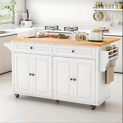 White Kitchen Island Cart with Wood Top Drop Leaf Wheels Drawer Storage Cabinet Spice Rack Towel Rack