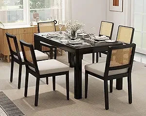Modern Farmhouse Rattan Dining Chair Set of 6 Beige Chenille Upholstered Dining Chairs with Rattan Back