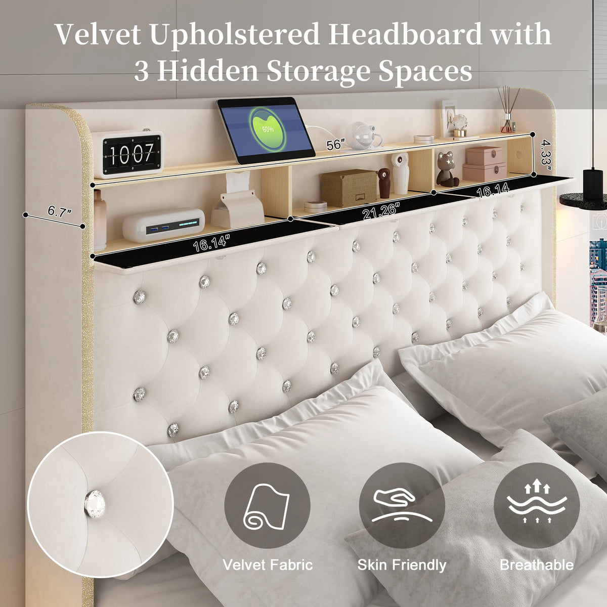 Queen Velvet Upholstered Platform Bed Frame with Galaxy Star Projector & Charging Station, 52" Ultra-Tall Crystal Button Tufted Headboard, Luxury Storage Bed, Noise-Free Design, No Box Spring Needed, Easy Assembly
