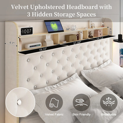 Queen Velvet Upholstered Platform Bed Frame with Galaxy Star Projector & Charging Station, 52" Ultra-Tall Crystal Button Tufted Headboard, Luxury Storage Bed, Noise-Free Design, No Box Spring Needed, Easy Assembly