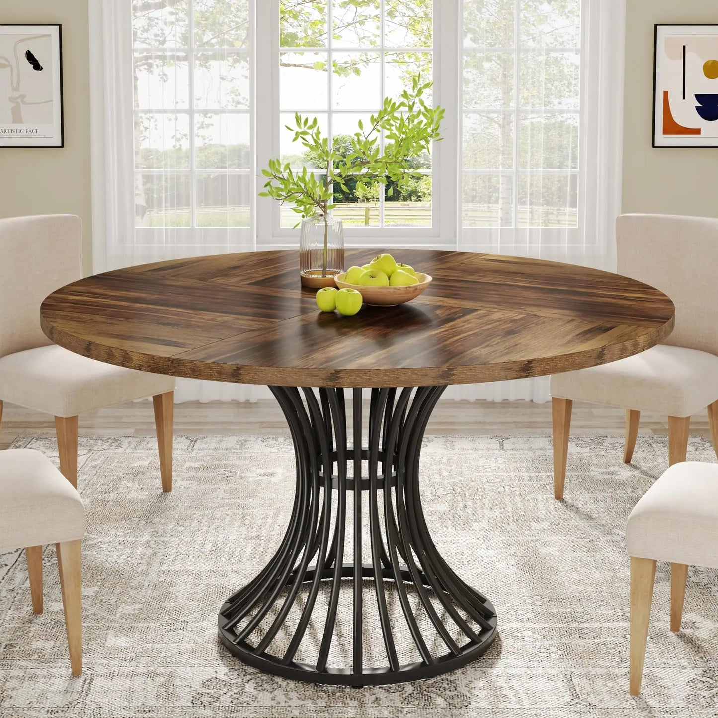 Round Dining Table for 4-6 People, 47-Inch Farmhouse Dinning Room Table Circle Kitchen Table, Industrial Dinner Table
