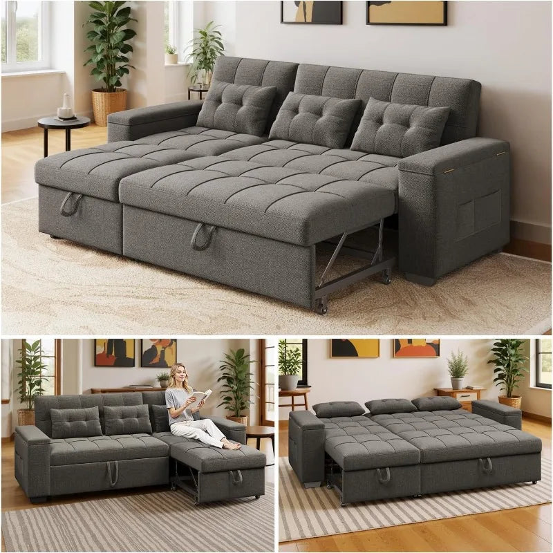 87" Convertible Sofa Bed – Space-Saving Sleeper with Pull-Out Design, Adjustable Backrest, Wide Armrests with Storage