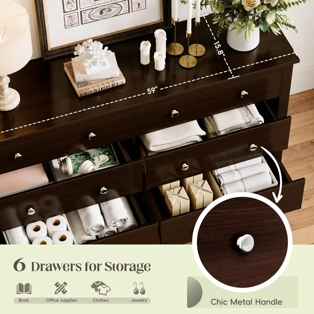 Dresser for Bedroom, 6 Wood Dresser Drawers, Wide Chest of Drawers, Storage Tower Unit Modern Design Bedroom Living Room