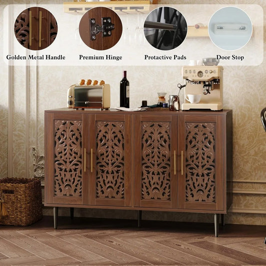 Vintage Carved 47.8" Buffet Cabinet with Four Doors, Sideboard Storage for Living Room