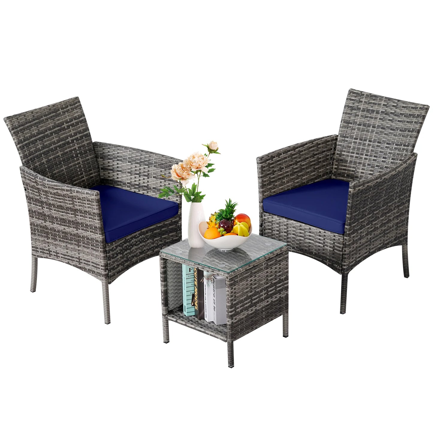 3-Piece Bistro Set Outdoor Patio Furniture Rattan Chairs Table Soft Cmats Tempered Glass Durable Comfortable Garden