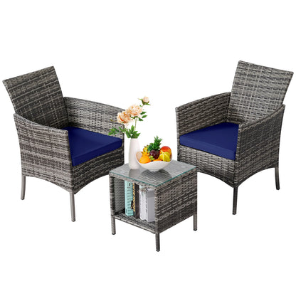 3-Piece Bistro Set Outdoor Patio Furniture Rattan Chairs Table Soft Cmats Tempered Glass Durable Comfortable Garden