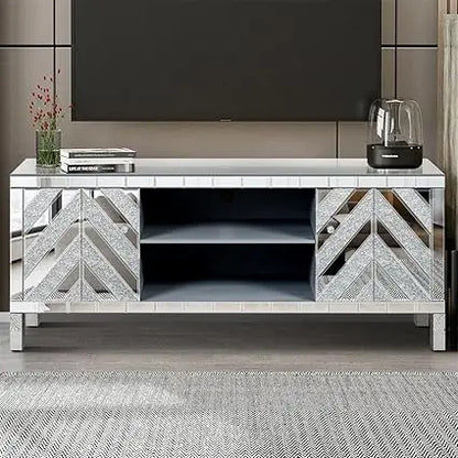 47in Elegant Mirrored TV Stand for TVs Up to 50 Inch, Modern Entertainment Center for Living Room Bedroom, Sliver Sparkling Mirr