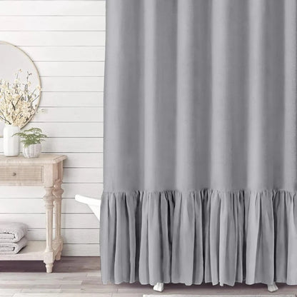 Cotton Linen Plain Shower Curtain with 12 Hooks Waterproof Floral Falbala Ruffle Edge Frill Scalloped Hem Decor Bathroom