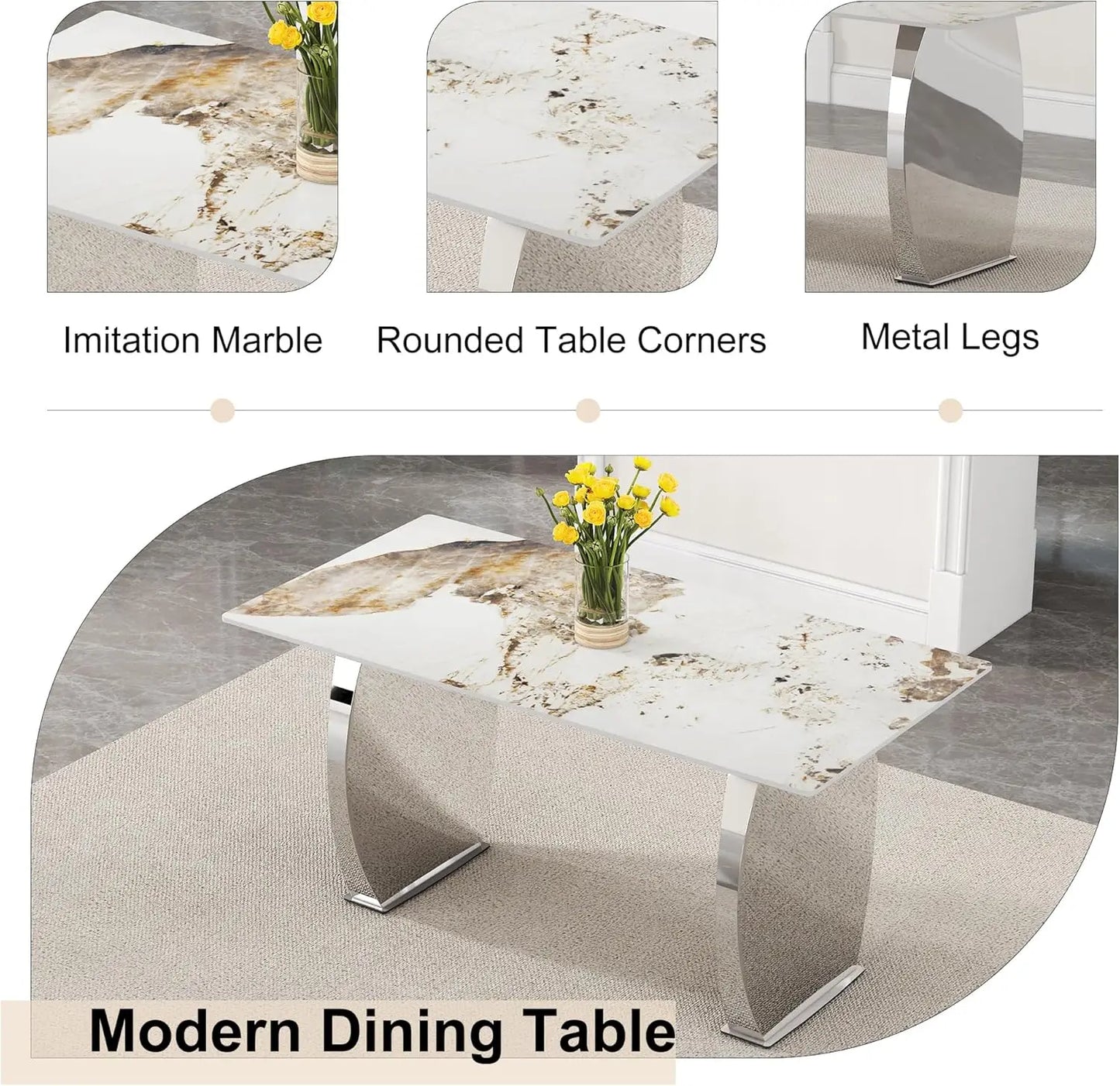 5-Piece Rectangular Faux Marble Dining Set with 4 White Chairs