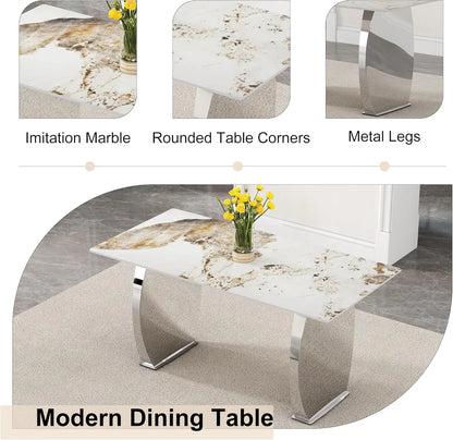 5-Piece Rectangular Faux Marble Dining Set with 4 White Chairs