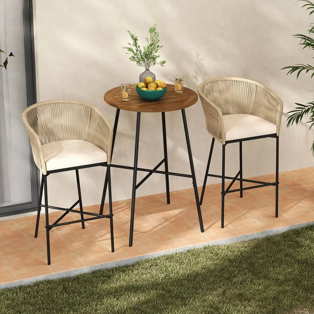 3 PCS Rope Woven Patio Bar Set w/ Soft Cushions and Acacia Wood Tabletop