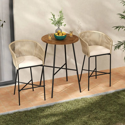 3 PCS Rope Woven Patio Bar Set w/ Soft Cushions and Acacia Wood Tabletop